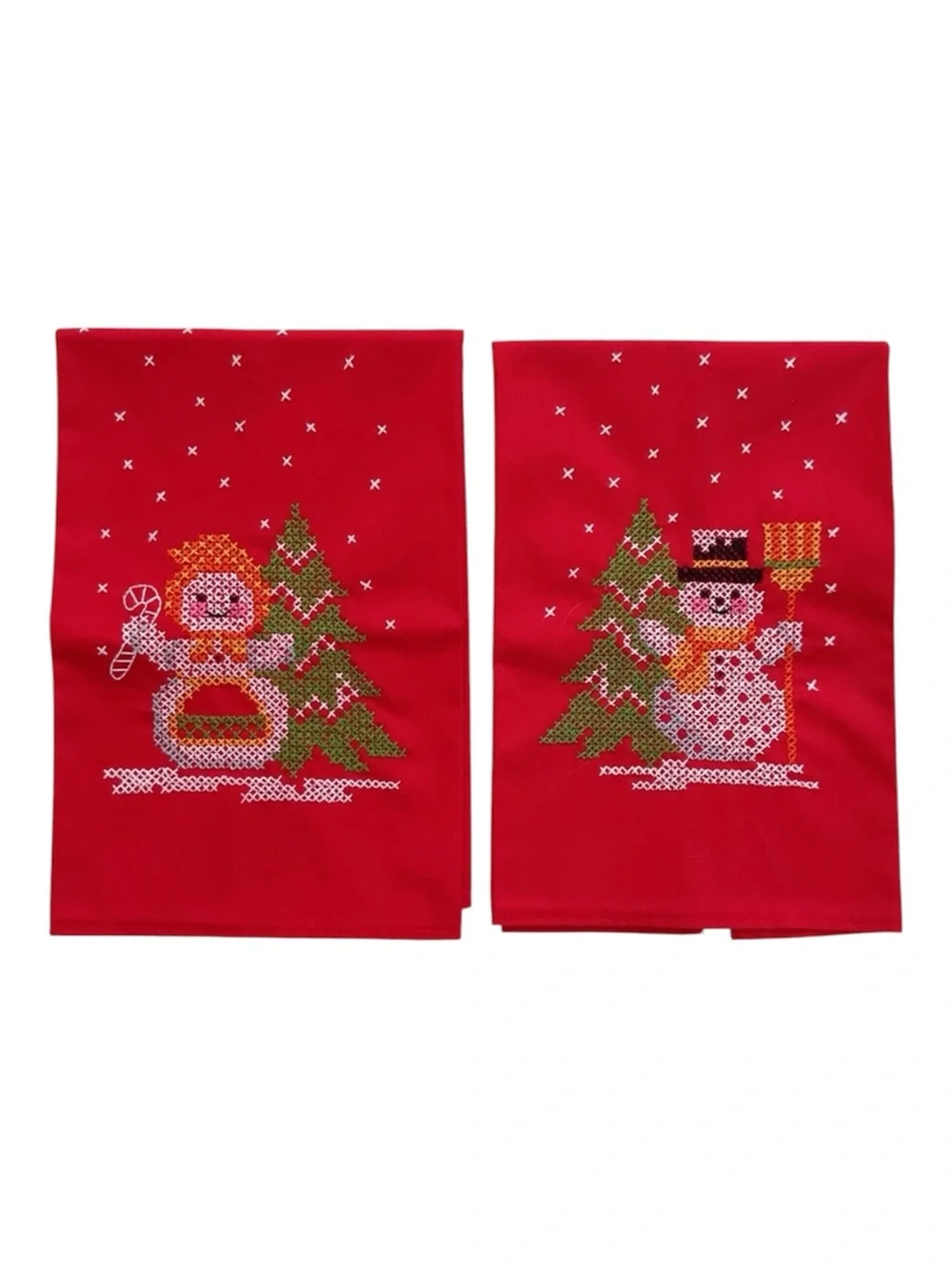 Vintage Mid Century Christmas Hand Towels Hand Embroidered Snowman Pair
